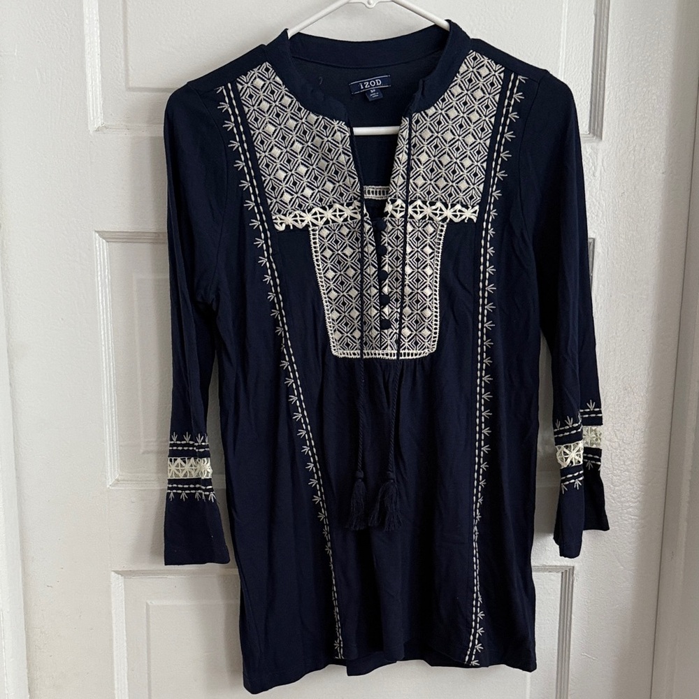Izod Dark Blue Tunic with Cream Embroidery